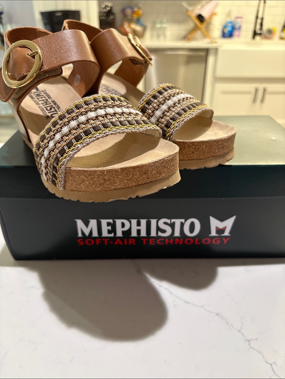 Mephisto Women's Tan Braided Strap Cork Wedge Sandals - Picture 5 of 6